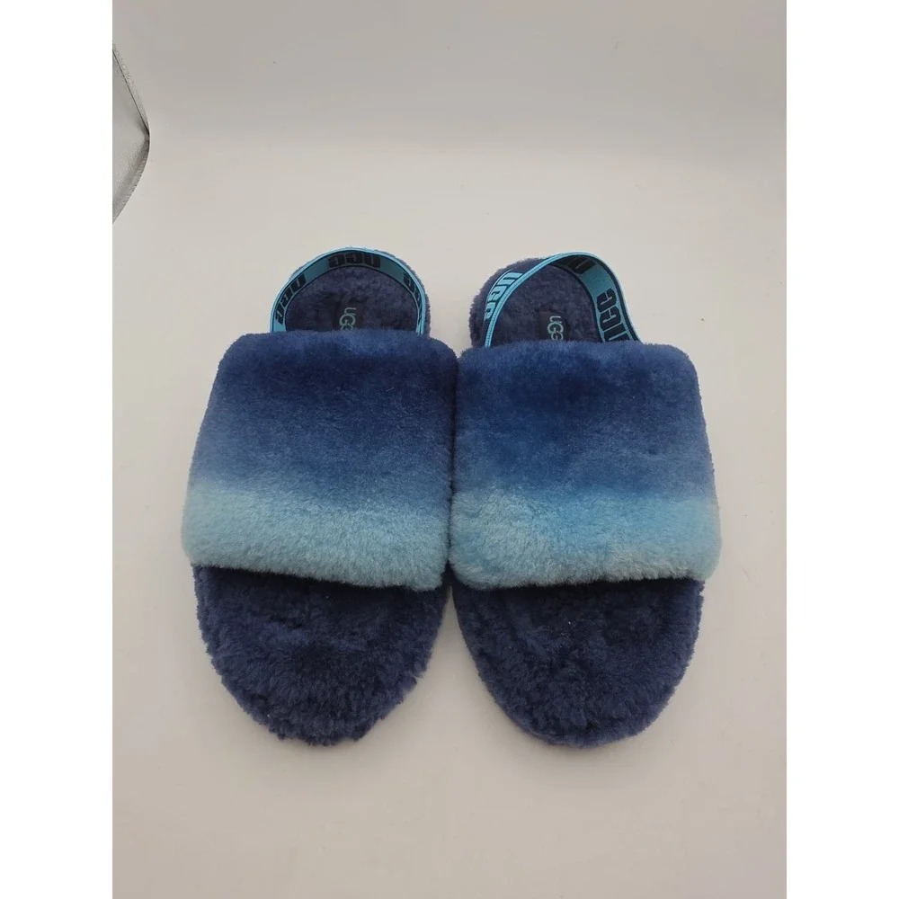 Women UGG Fluff Slides Bright Blue Slipper Size 4 w/ Straps